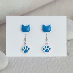 Cat Resin Earring Set - Handmade - Hypoallergenic - Blue